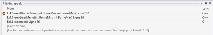 Pile des appels dans Visual Studio